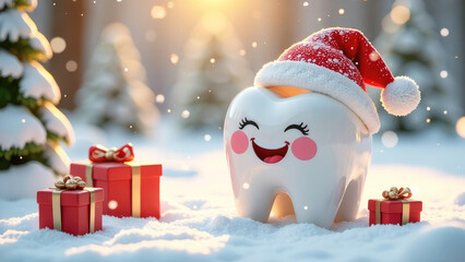 Festive 3D ceramic toy in the shape of a tooth with santa claus hat laughing, around a box of presents on a blurred forest background