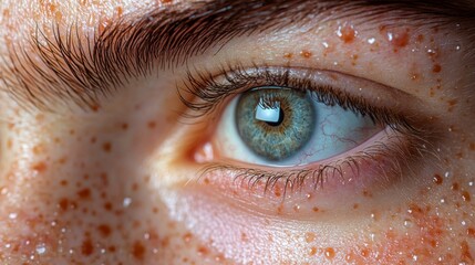 Poster - This close-up showcases a vibrant blue eye, featuring unique freckles around the skin. The natural sunlight highlights the detailed texture, creating a captivating composition.