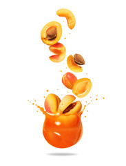 Wall Mural - Whole and sliced apricots falling in splashes of juice isolated on white background