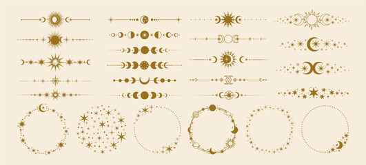 celestial dividers. decorative sun and moon border. magic text decor divider and frame with astrolog