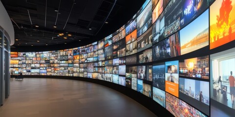 Poster - A dynamic multimedia streaming wall that brilliantly showcases a variety of colorful channel images, significantly enhancing entertainment experiences to exciting new heights and dimensions