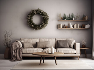 Christmas wreath on the wall in simple minimalist living room in neutral colors. Minimalist festive Christmas decor in interior.