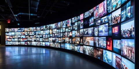 Poster - Experience a vibrant multimedia wall that showcases colorful channel images, creating an immersive entertainment experience with dynamic visuals, perfect for any modern exhibition space