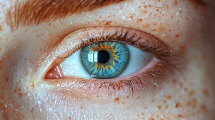 Aufkleber - This close-up captures a striking eye with vivid blue and orange colors surrounding the pupil, complemented by freckles on fair skin. The lighting highlights the eye's unique features.
