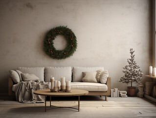 Christmas wreath on the wall in simple minimalist living room in neutral colors. Minimalist festive Christmas decor in interior.