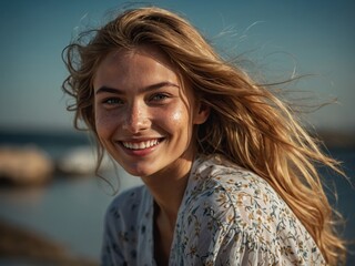 A woman smiling warmly, her face radiating joy and confidence, creating a positive and friendly atmosphere