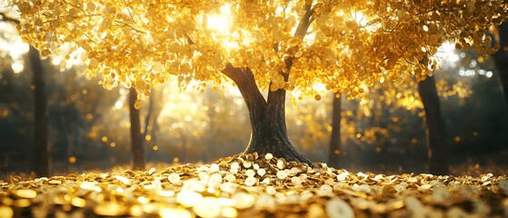 Poster - Golden Tree in Autumn Light with Coins Below