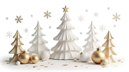 Aufkleber - Set of realistic 3D white and gold Christmas decorations in a trendy style isolated on a white background with a Christmas tree and snowflakes