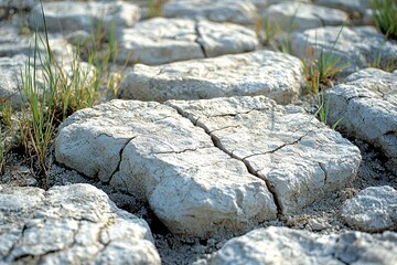 Poster - Cracked, White Rocks with Green Grass Growing Through the Cracks