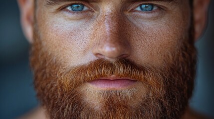 Aufkleber - A young man with a vibrant red beard and piercing blue eyes gazes directly at the viewer, highlighting his distinctive features and skin texture in soft lighting.