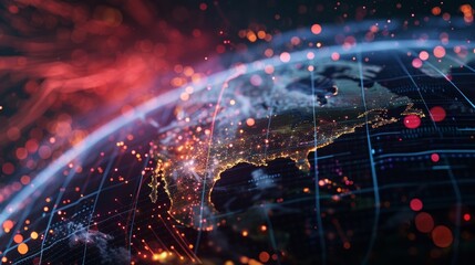 Poster - Futuristic view of planet earth rotating in space with glowing lines and particles, focusing on north america at night, representing global communication, technology, and innovation