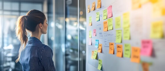 Poster - A woman analyzes colorful sticky notes on a brainstorming wall in a modern office, reflecting on ideas and teamwork.