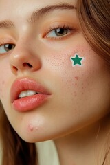 close-up of a woman's face with a star-shaped patch on her cheek