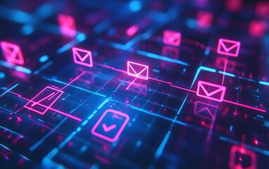 Poster - futuristic digital network with glowing email icons, representing communication in a tech-driven wor