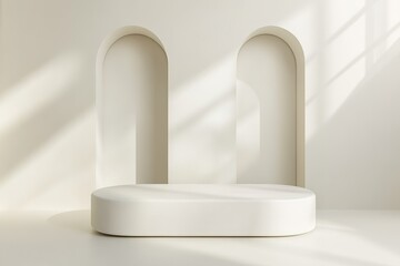 Poster - Minimalist white podium with arch backdrop and shadows