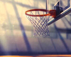 A close-up view of a basketball hoop with a detailed net and backboard, illuminated by soft sunlight, ideal for sports enthusiasts.