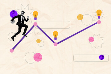 Poster - Composite photo collage of serious businessman run graph statistics climb up promotion light bulb plan isolated on painted background