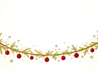 Poster - Golden fir branches gold stars and red balls adorn a Christmas tree garland against a simple white background in this vector design