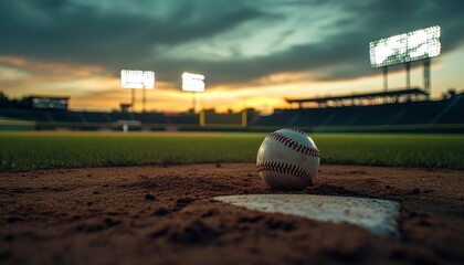 Baseball On Field At Sunset With Stadium Lights In Background