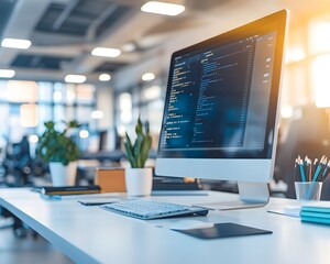 Poster - A modern office workspace featuring a sleek computer, plants, and organized stationery, ideal for tech and business environments.