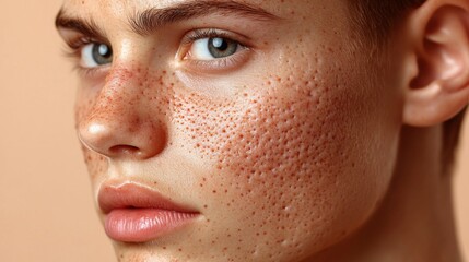 Poster - A person with prominent freckles and vibrant blue eyes gazes directly at the viewer, the smooth texture of their skin contrasting with the soft color background.