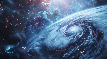 Poster - futuristic view of planet earth rotating in space, with falling meteorites and digital data flowing,