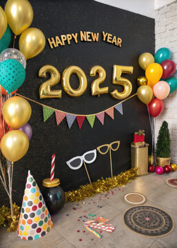 Generative AI Celebration New Year 2025 with a Halloween twist, featuring decorated pumpkins, gift spooky vibes, beautiful and realistic balloon decorations, aesthetic, and elegant 2025 number      