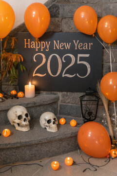 Generative AI Celebration New Year 2025 with a Halloween twist, featuring decorated pumpkins, gift spooky vibes, beautiful and realistic balloon decorations, aesthetic, and elegant 2025 number      