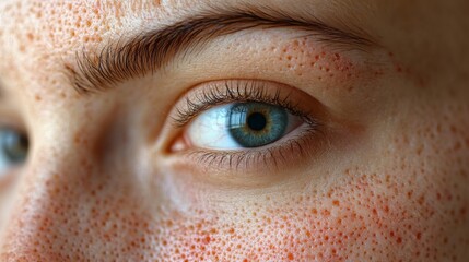 Poster - The image features a close-up of a human eye, revealing intricate skin textures and freckles surrounding the eye, highlighted by natural light.