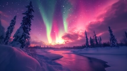 A vibrant aurora borealis lights up the sky above a snowy landscape, with a frozen river winding through the trees.