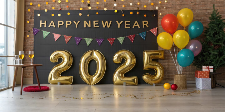 Generative AI Celebration New Year 2025 with a Halloween twist, featuring decorated pumpkins, gift spooky vibes, beautiful and realistic balloon decorations, aesthetic, and elegant 2025 number      