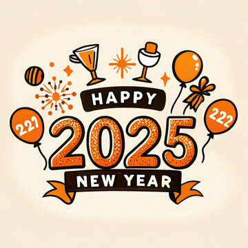 Generative AI Celebration New Year 2025 with a Halloween twist, featuring decorated pumpkins, gift spooky vibes, beautiful and realistic balloon decorations, aesthetic, and elegant 2025 number      