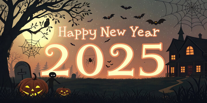 Generative AI Celebration New Year 2025 with a Halloween twist, featuring decorated pumpkins, gift spooky vibes, beautiful and realistic balloon decorations, aesthetic, and elegant 2025 number      