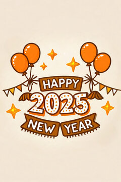 Generative AI Celebration New Year 2025 with a Halloween twist, featuring decorated pumpkins, gift spooky vibes, beautiful and realistic balloon decorations, aesthetic, and elegant 2025 number      