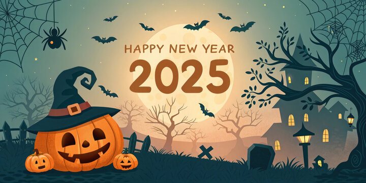 Generative AI Celebration New Year 2025 with a Halloween twist, featuring decorated pumpkins, gift spooky vibes, beautiful and realistic balloon decorations, aesthetic, and elegant 2025 number      