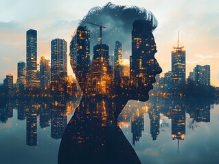 Aufkleber - Silhouette with Cityscape Reflection at Dusk