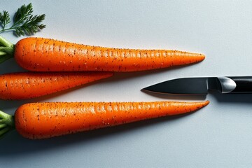 Poster - 2D illustration of a knife chopping carrots, with simple shapes and vibrant colors on a white background, capturing the action of cooking