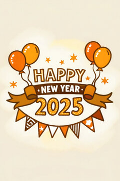 Generative AI Celebration New Year 2025 with a Halloween twist, featuring decorated pumpkins, gift spooky vibes, beautiful and realistic balloon decorations, aesthetic, and elegant 2025 number      