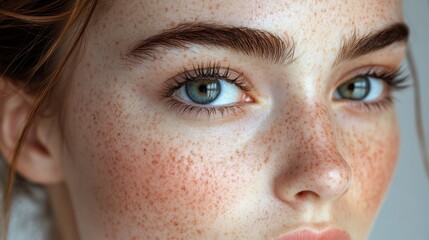 Aufkleber - A young woman with captivating blue eyes and a sprinkle of freckles gazes directly into the camera, illuminated by soft natural light, highlighting her features and expression.