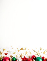 Poster - Colorful Christmas decorations including shiny balls stars and festive bows set against a clean and simple white background