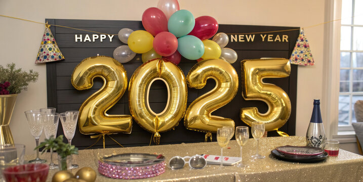 Generative AI Celebration New Year 2025 with a Halloween twist, featuring decorated pumpkins, gift spooky vibes, beautiful and realistic balloon decorations, aesthetic, and elegant 2025 number      