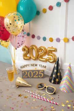 Generative AI Celebration New Year 2025 with a Halloween twist, featuring decorated pumpkins, gift spooky vibes, beautiful and realistic balloon decorations, aesthetic, and elegant 2025 number      