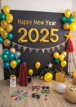 Generative AI Celebration New Year 2025 with a Halloween twist, featuring decorated pumpkins, gift spooky vibes, beautiful and realistic balloon decorations, aesthetic, and elegant 2025 number      