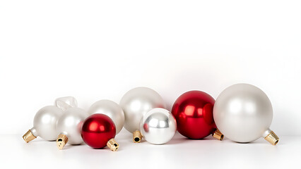 Poster - Christmas ornaments including red and white baubles are depicted against a clean white background in this still life composition
