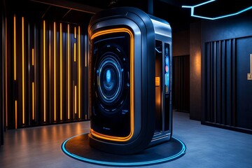 Poster - A futuristic confession booth with holographic screens, showing real-time monitoring of emotions as a person speaks their truth