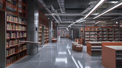 Expansive Modern Library Interior with Rows of Shelves and Textbooks