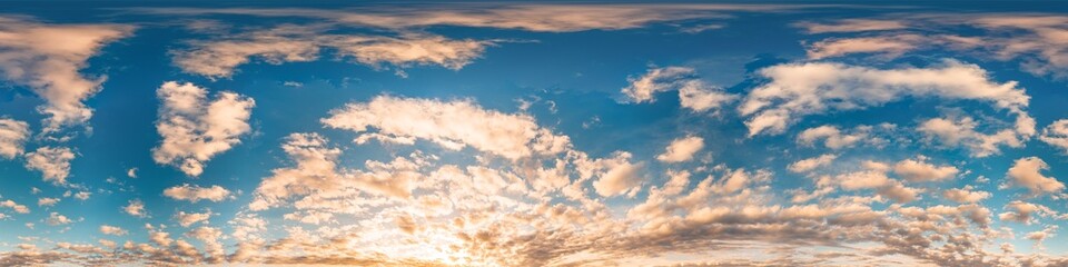 Wall Mural - sunset sky with bright glowing pink cumulus clouds. seamless spherical hdr 360 panorama. full zenith