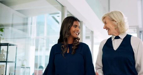 Poster - Business people, walking and happy in office for feedback, collaboration and proposal with career advice. Project management, staff and review for teamwork, talking or planning with development pitch