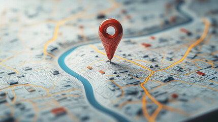Wall Mural - red pin is marking a specific location on a 3d city map with buildings and a river
