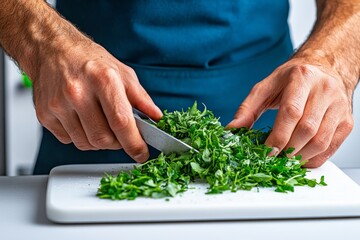 Poster - Illustration of a person chopping herbs on a white cutting board, clean lines and colors against a white background, focusing on simplicity